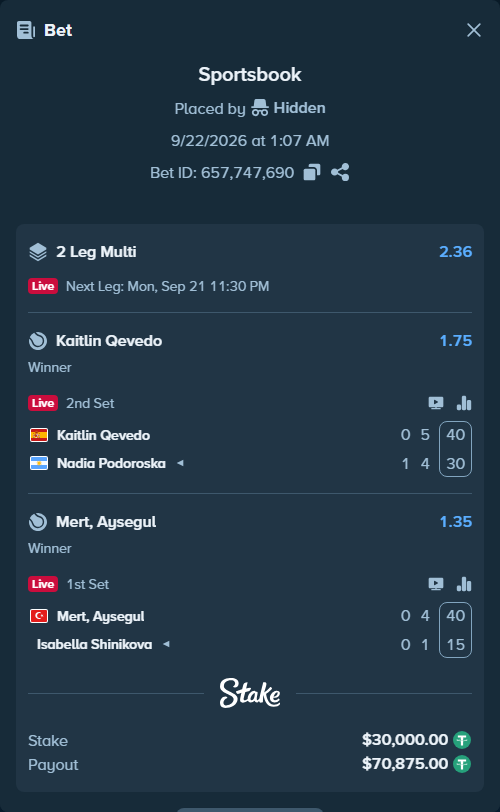 Bet slip: Kaitlin Qevedo - Nadia Podoroska, $30,000.00 stake at 1.75 odds, placed by Hidden