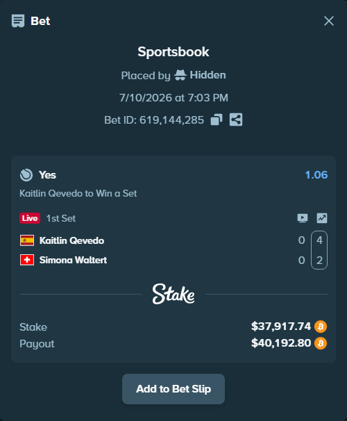 Bet slip: Kaitlin Qevedo - Simona Waltert, $37,951.16 stake at 1.06 odds, placed by Hidden