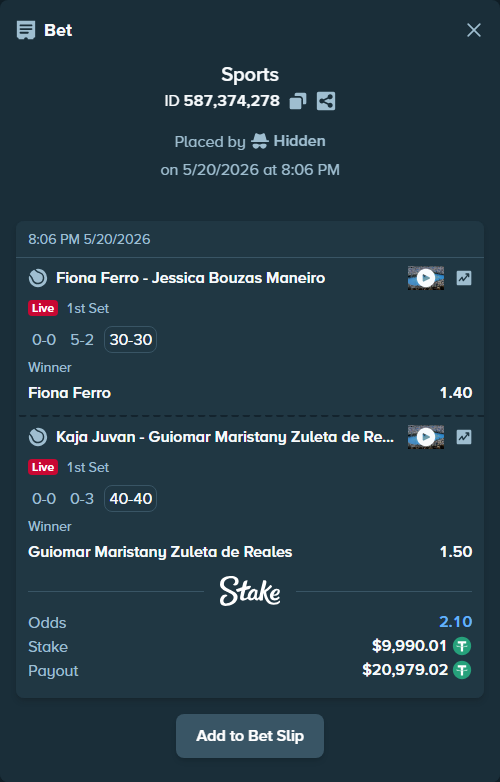 Bet slip: Kaja Juvan - Guiomar Maristany Zuleta de Reales, $10,000.00 stake at 1.50 odds, placed by Hidden