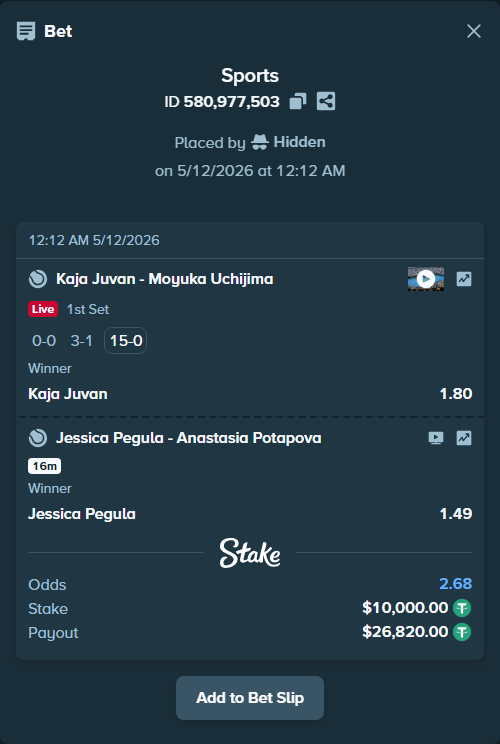 Bet slip: Kaja Juvan - Moyuka Uchijima, $10,000.00 stake at 1.80 odds, placed by Hidden