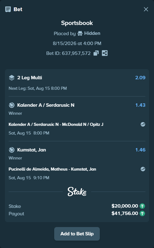 Bet slip: Kalender A / Serdarusic N - McDonald N / Opitz J, $20,020.00 stake at 1.43 odds, placed by Hidden