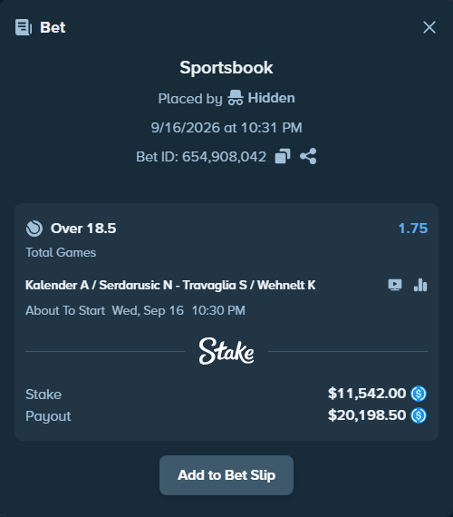 Bet slip: Kalender A / Serdarusic N - Travaglia S / Wehnelt K, $11,542.00 stake at 1.75 odds, placed by Hidden