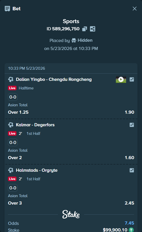 Bet slip: Kalmar - Degerfors, $100,000.00 stake at 1.60 odds, placed by Hidden