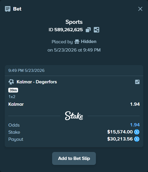 Bet slip: Kalmar - Degerfors, $15,574.00 stake at 1.94 odds, placed by Hidden