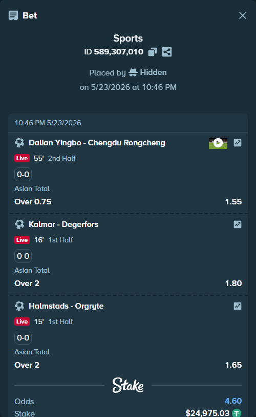 Bet slip: Kalmar - Degerfors, $25,000.00 stake at 1.80 odds, placed by Hidden