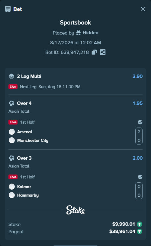 Bet slip: Kalmar - Hammarby, $10,000.00 stake at 2.00 odds, placed by Hidden