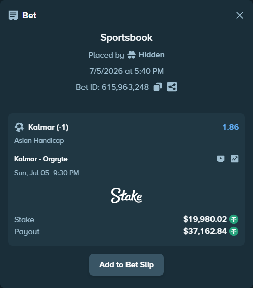 Bet slip: Kalmar - Orgryte, $20,000.00 stake at 1.86 odds, placed by Hidden