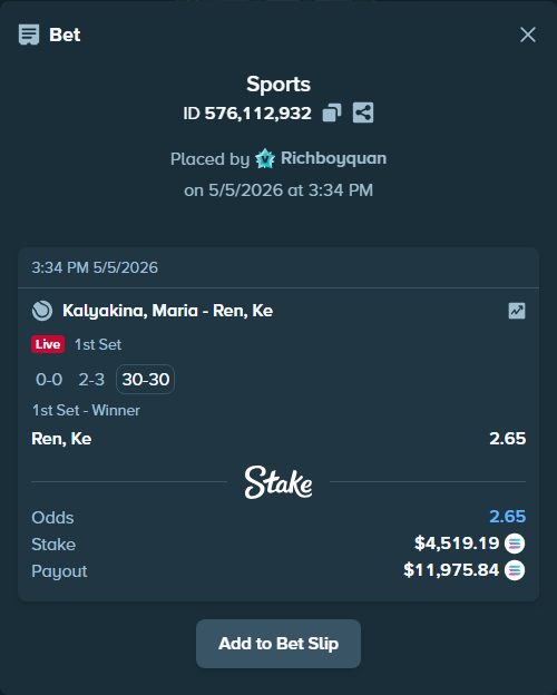 Bet slip: Kalyakina, Maria - Ren, Ke, $3,910.59 stake at 2.65 odds, placed by Richboyquan
