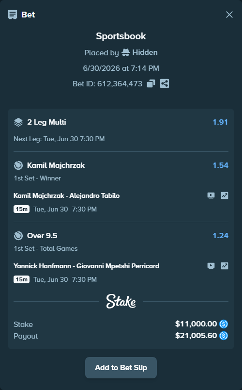 Bet slip: Kamil Majchrzak - Alejandro Tabilo, $11,000.00 stake at 1.54 odds, placed by Hidden