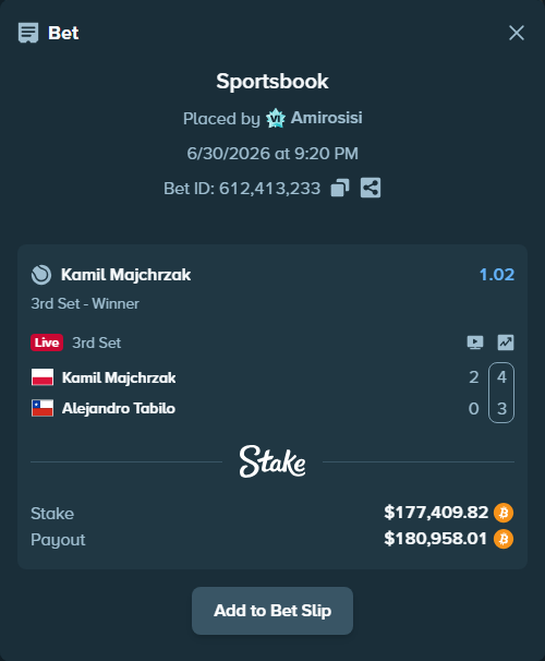 Bet slip: Kamil Majchrzak - Alejandro Tabilo, $188,574.00 stake at 1.02 odds, placed by Amirosisi