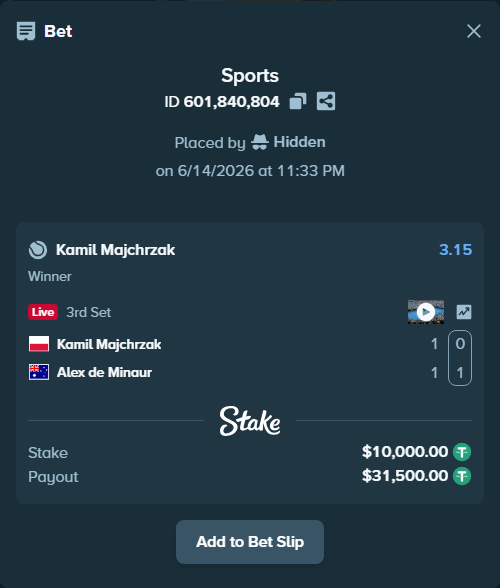 Bet slip: Kamil Majchrzak - Alex de Minaur, $10,010.00 stake at 3.15 odds, placed by Hidden