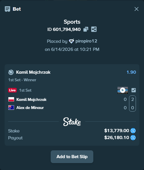 Bet slip: Kamil Majchrzak - Alex de Minaur, $13,779.00 stake at 1.90 odds, placed by piropiro12