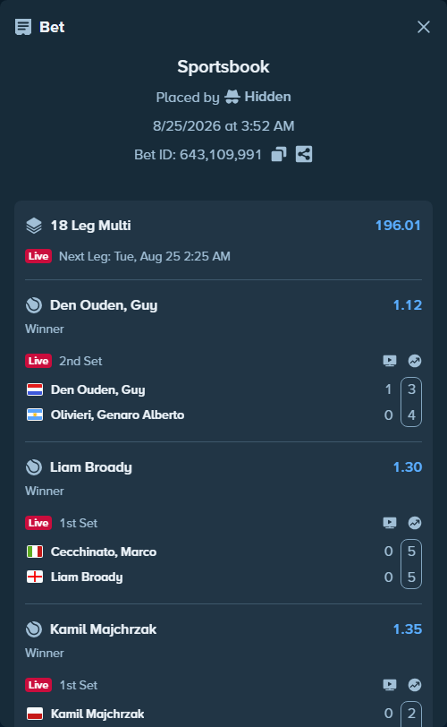 Bet slip: Kamil Majchrzak - Benjamin Bonzi, $10,000.00 stake at 1.35 odds, placed by Hidden