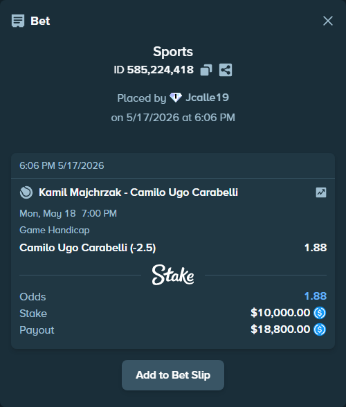 Bet slip: Kamil Majchrzak - Camilo Ugo Carabelli, $10,000.00 stake at 1.88 odds, placed by Jcalle19