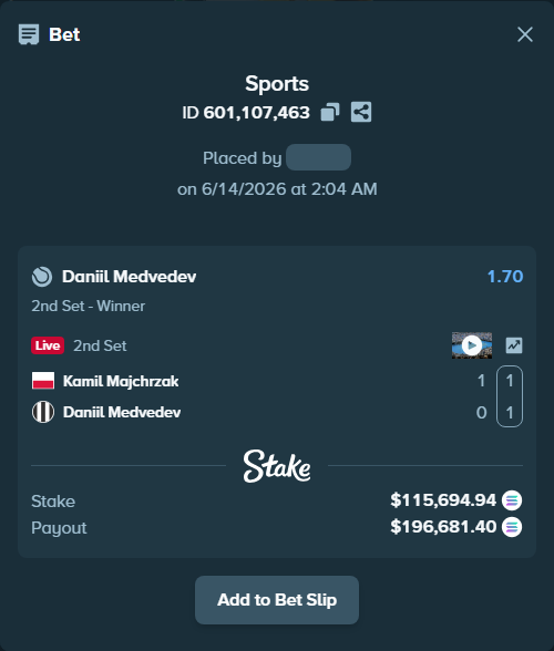 Bet slip: Kamil Majchrzak - Daniil Medvedev, $125,104.33 stake at 1.70 odds, placed by Prettylfacko98