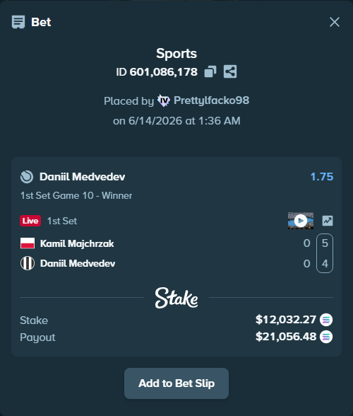 Bet slip: Kamil Majchrzak - Daniil Medvedev, $12,896.02 stake at 1.75 odds, placed by Prettylfacko98