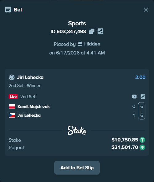 Bet slip: Kamil Majchrzak - Jiri Lehecka, $10,761.60 stake at 2.00 odds, placed by Hidden