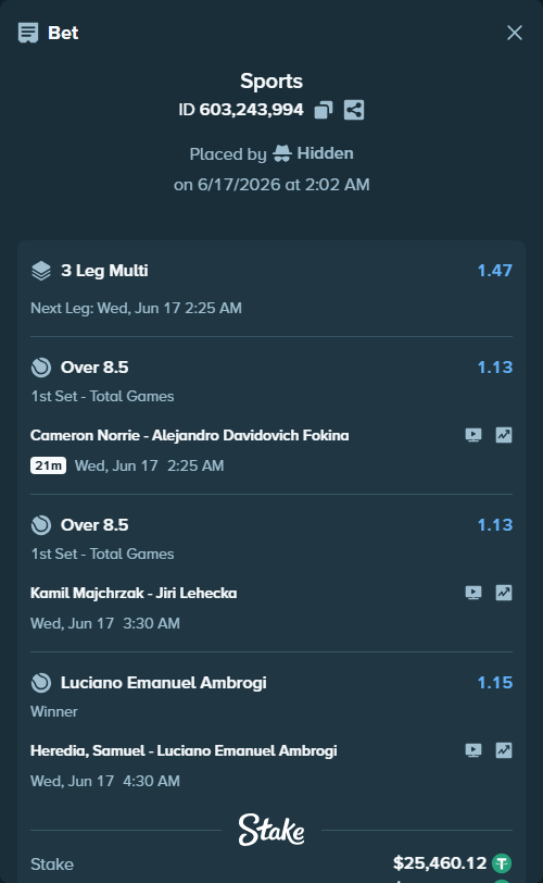 Bet slip: Kamil Majchrzak - Jiri Lehecka, $25,485.58 stake at 1.13 odds, placed by Hidden