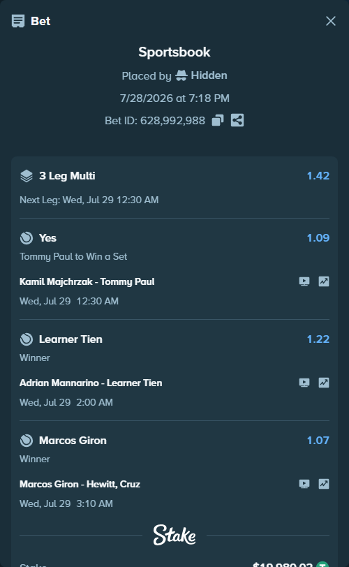 Bet slip: Kamil Majchrzak - Tommy Paul, $20,000.00 stake at 1.09 odds, placed by Hidden
