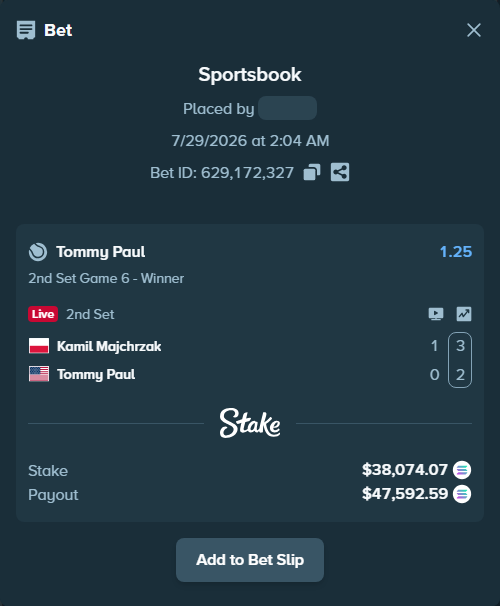 Bet slip: Kamil Majchrzak - Tommy Paul, $37,352.38 stake at 1.25 odds, placed by MOROCCO22