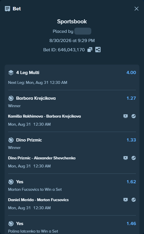 Bet slip: Kamilla Rakhimova - Barbora Krejcikova, $10,157.00 stake at 1.27 odds, placed by Regenergy