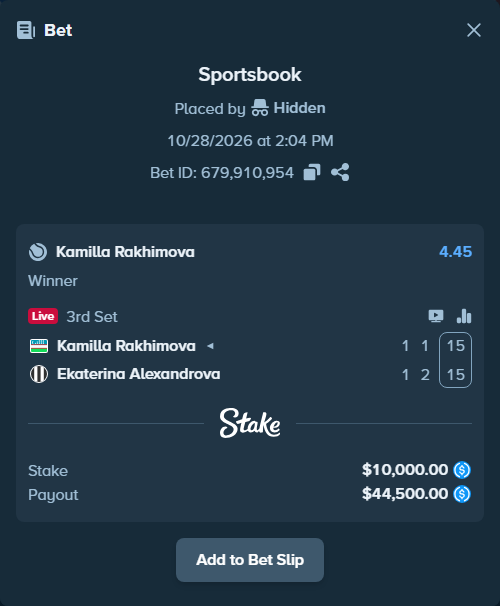 Bet slip: Kamilla Rakhimova - Ekaterina Alexandrova, $10,000.00 stake at 4.45 odds, placed by Hidden
