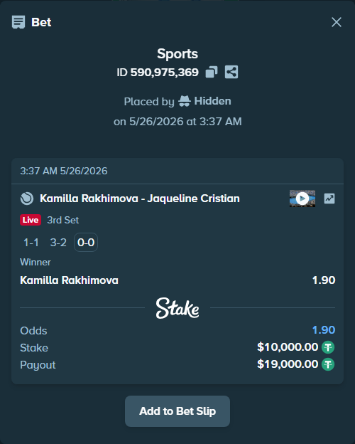 Bet slip: Kamilla Rakhimova - Jaqueline Cristian, $10,000.00 stake at 1.90 odds, placed by Hidden