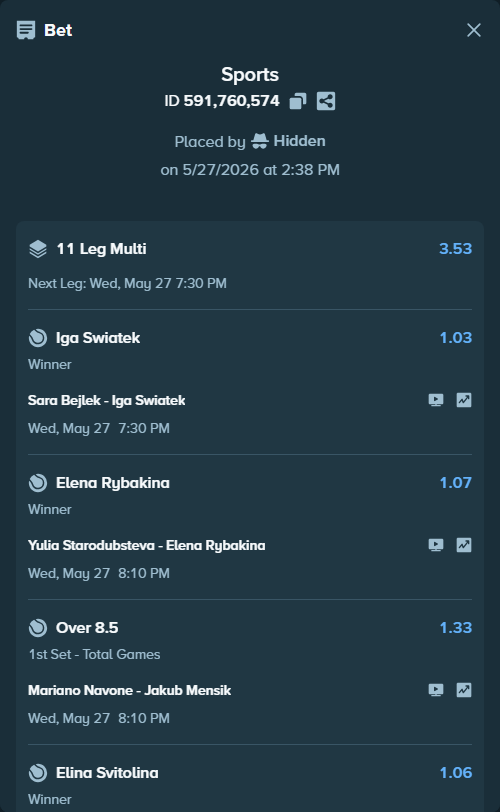 Bet slip: Kamilla Rakhimova - Karolina Muchova, $36,414.42 stake at 1.09 odds, placed by Hidden