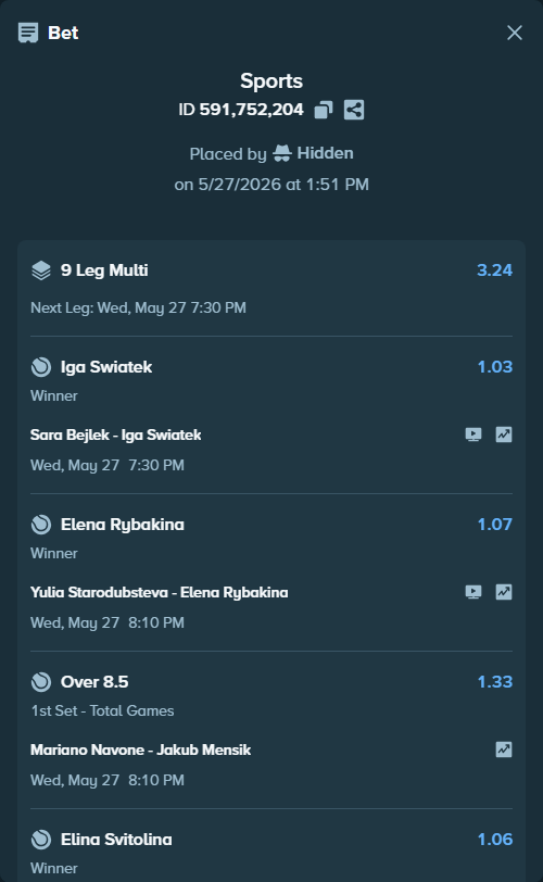 Bet slip: Kamilla Rakhimova - Karolina Muchova, $56,352.30 stake at 1.09 odds, placed by Hidden