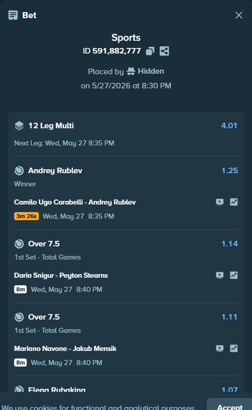 Bet slip: Kamilla Rakhimova - Karolina Muchova, $61,794.48 stake at 1.10 odds, placed by Hidden