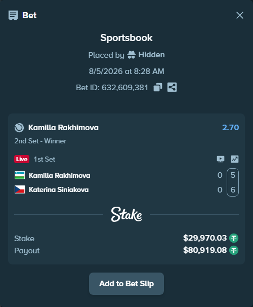 Bet slip: Kamilla Rakhimova - Katerina Siniakova, $30,000.00 stake at 2.70 odds, placed by ayoflasher