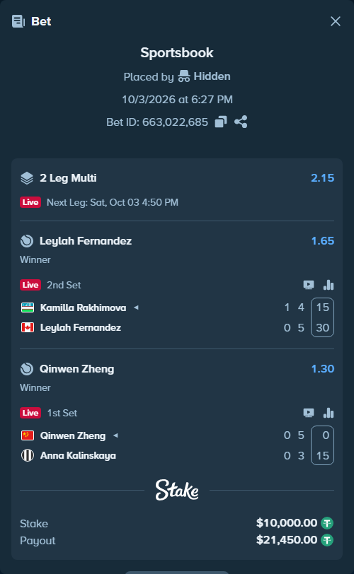 Bet slip: Kamilla Rakhimova - Leylah Fernandez, $10,000.00 stake at 1.65 odds, placed by Hidden
