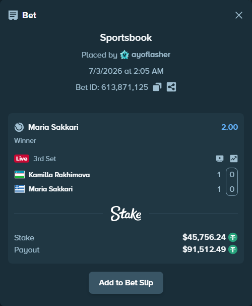 Bet slip: Kamilla Rakhimova - Maria Sakkari, $45,802.00 stake at 2.00 odds, placed by ayoflasher
