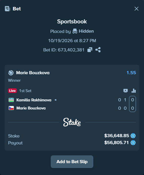 Bet slip: Kamilla Rakhimova - Marie Bouzkova, $36,648.85 stake at 1.55 odds, placed by Hidden