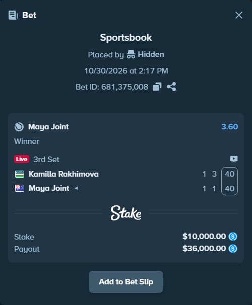 Bet slip: Kamilla Rakhimova - Maya Joint, $10,010.00 stake at 3.60 odds, placed by Hidden