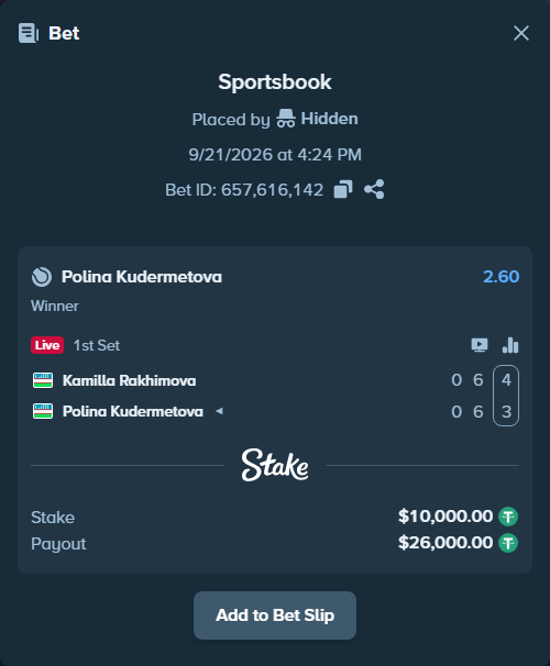 Bet slip: Kamilla Rakhimova - Polina Kudermetova, $10,000.00 stake at 2.60 odds, placed by Hidden
