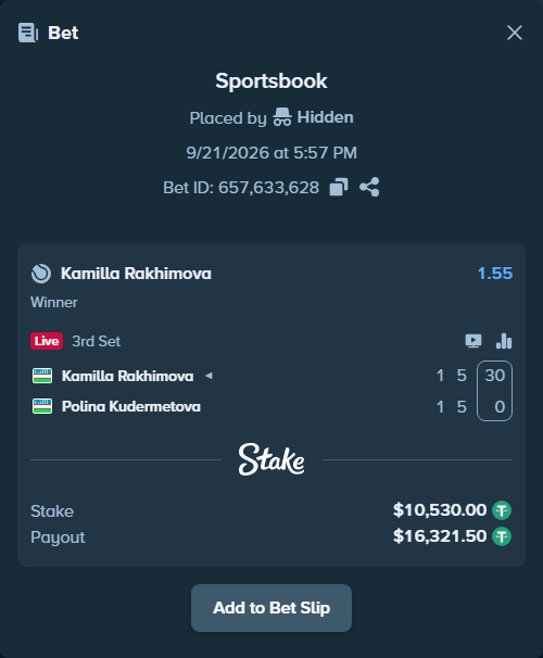 Bet slip: Kamilla Rakhimova - Polina Kudermetova, $10,530.00 stake at 1.55 odds, placed by Hidden