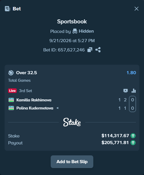 Bet slip: Kamilla Rakhimova - Polina Kudermetova, $114,317.67 stake at 1.80 odds, placed by Hidden