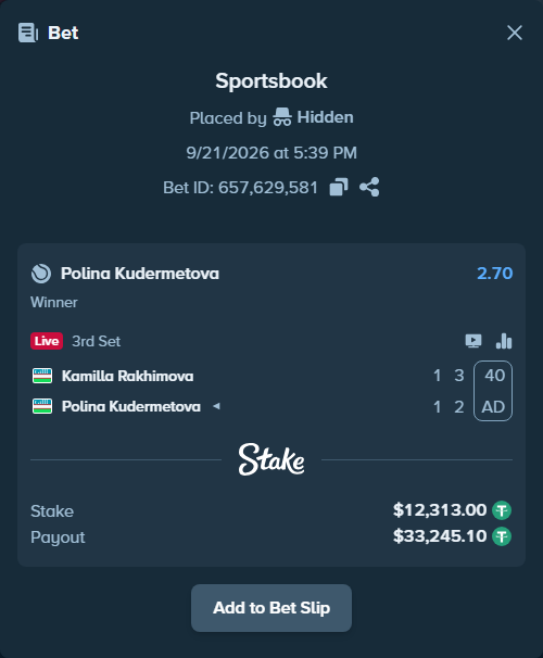 Bet slip: Kamilla Rakhimova - Polina Kudermetova, $12,313.00 stake at 2.70 odds, placed by Hidden