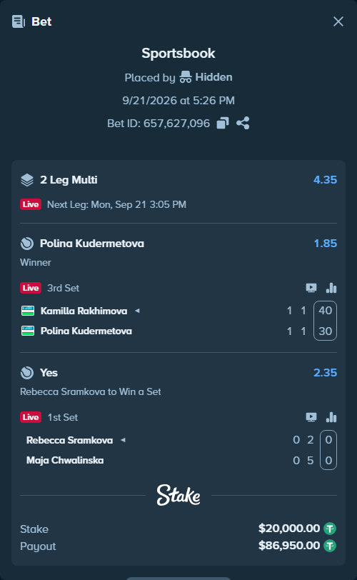 Bet slip: Kamilla Rakhimova - Polina Kudermetova, $20,000.00 stake at 1.85 odds, placed by Hidden