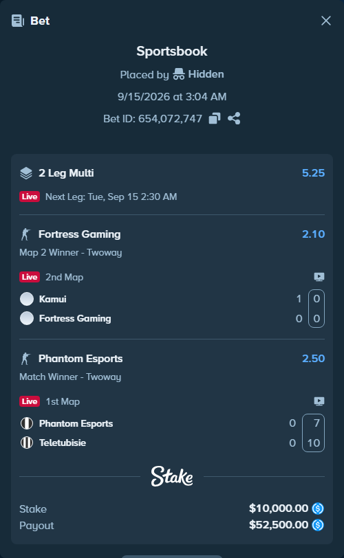 Bet slip: Kamui - Fortress Gaming, $10,000.00 stake at 2.10 odds, placed by Hidden