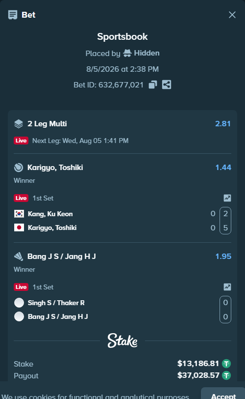 Bet slip: Kang, Ku Keon - Karigyo, Toshiki, $13,200.00 stake at 1.44 odds, placed by Hidden