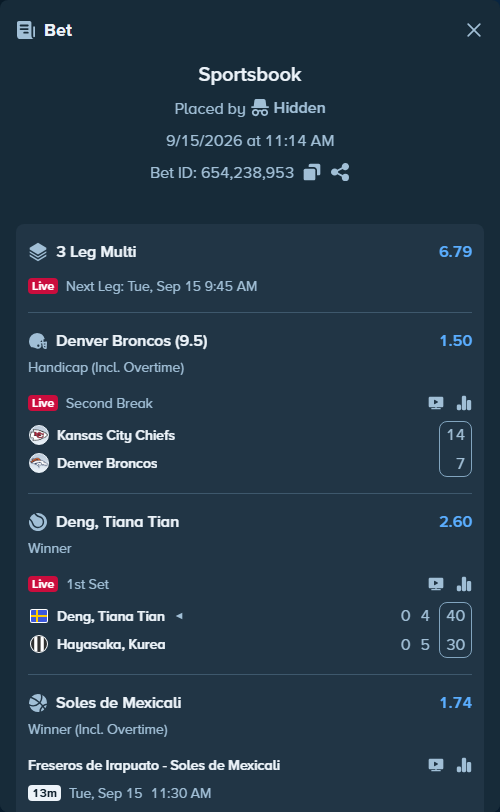 Bet slip: Kansas City Chiefs - Denver Broncos, $10,000.00 stake at 1.50 odds, placed by Hidden