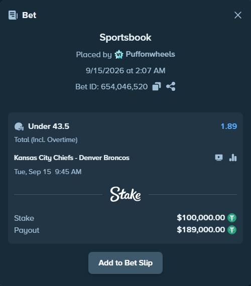 Bet slip: Kansas City Chiefs - Denver Broncos, $100,000.00 stake at 1.89 odds, placed by Puffonwheels