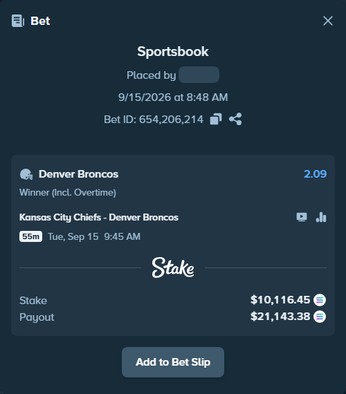 Bet slip: Kansas City Chiefs - Denver Broncos, $9,919.98 stake at 2.09 odds, placed by Saifshalabi
