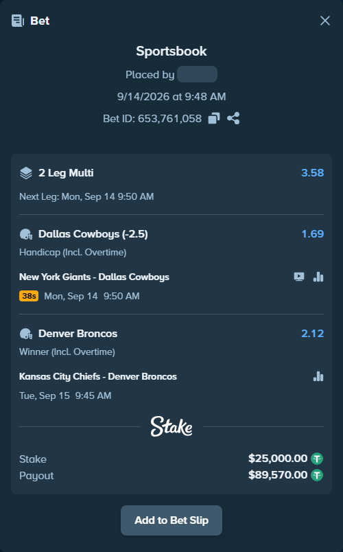 Bet slip: Kansas City Chiefs - Denver Broncos, $25,000.00 stake at 2.12 odds, placed by WIZCAPA