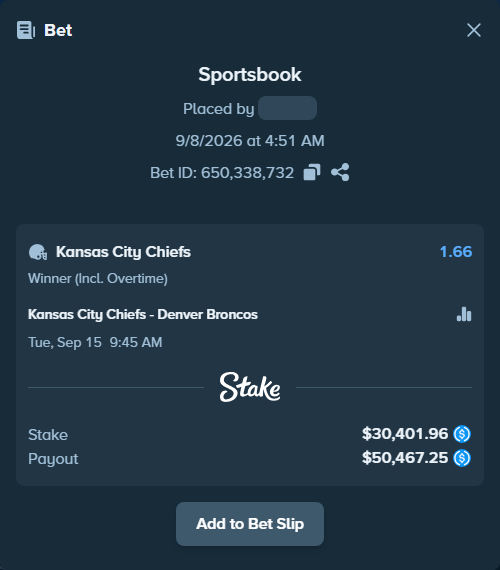Bet slip: Kansas City Chiefs - Denver Broncos, $30,401.96 stake at 1.66 odds, placed by ufos