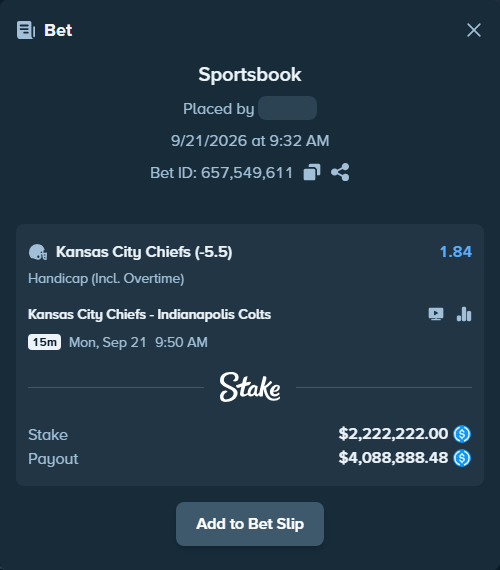 Bet slip: Kansas City Chiefs - Indianapolis Colts, $2,222,222.00 stake at 1.84 odds, placed by gemcabal