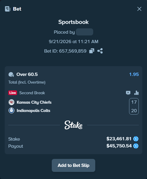 Bet slip: Kansas City Chiefs - Indianapolis Colts, $23,461.81 stake at 1.95 odds, placed by dubelindiwe