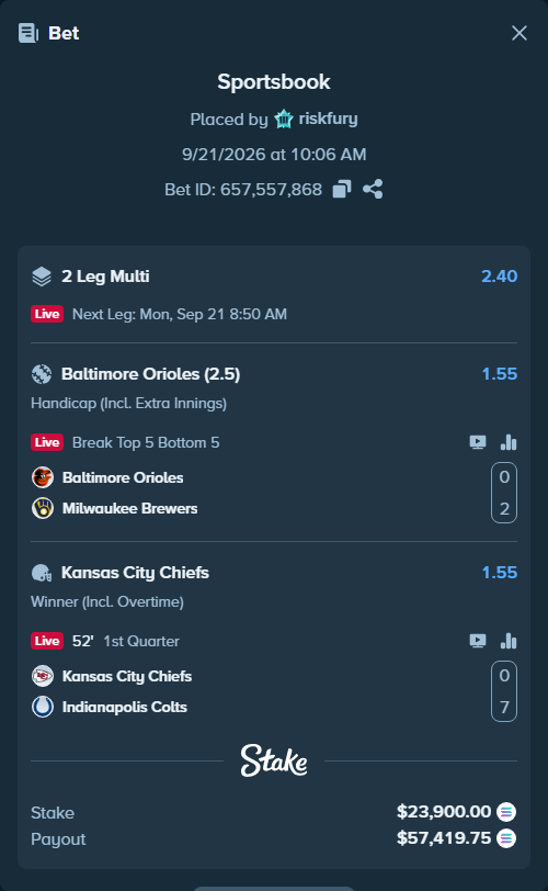 Bet slip: Kansas City Chiefs - Indianapolis Colts, $24,005.46 stake at 1.55 odds, placed by riskfury